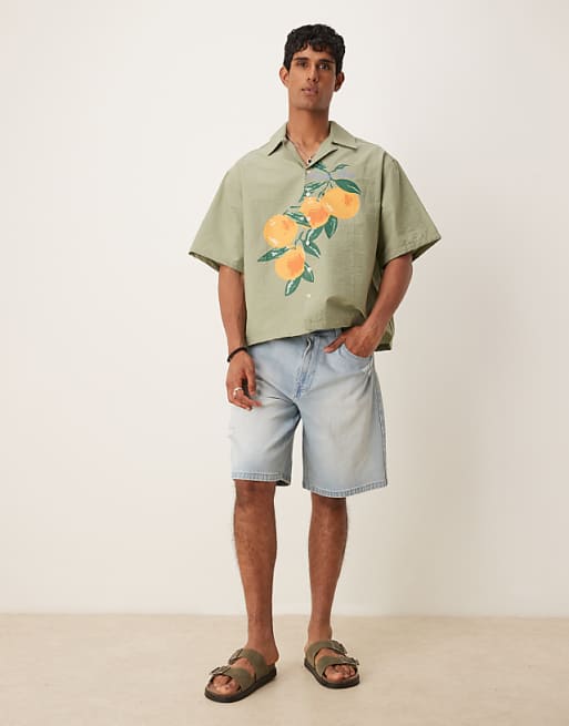 ASOS DESIGN Oversized Boxy Shirt With Orange Print In Green