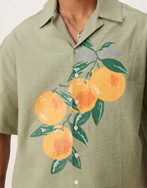 ASOS DESIGN Oversized Boxy Shirt With Orange Print In Green
