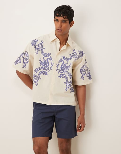 ASOS DESIGN oversized boxy shirt with print in ecru