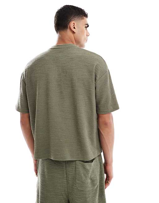 ASOS DESIGN Oversized Boxy T-shirt Coord With Henley Neck In Khaki Boucle