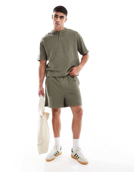 ASOS DESIGN Oversized Boxy T-shirt Coord With Henley Neck In Khaki Boucle