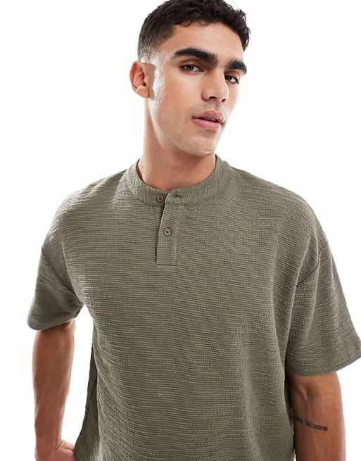ASOS DESIGN Oversized Boxy T-shirt Coord With Henley Neck In Khaki Boucle