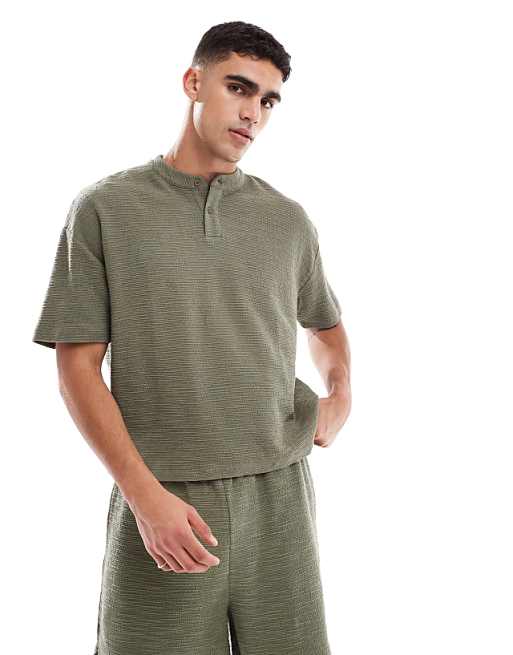 ASOS DESIGN oversized boxy t-shirt coord with henley neck in khaki boucle