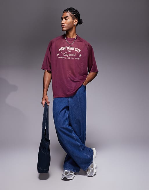 ASOS DESIGN Oversized Boxy T-shirt With Bushwick Graphic In Burgundy Airtex