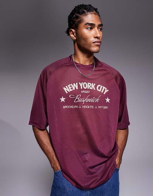 ASOS DESIGN oversized boxy t-shirt with Bushwick graphic in burgundy airtex