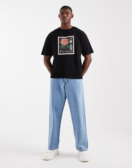 ASOS DESIGN Oversized Boxy T-shirt With Flower Stamp Graphic In Black