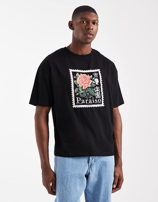 ASOS DESIGN oversized boxy t-shirt with flower stamp graphic in black