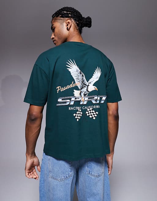 ASOS DESIGN oversized boxy t-shirt with racing graphic in dak green