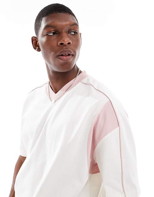 ASOS DESIGN Oversized Boxy V Neck T-shirt With Pink Contrast Panel In Cream