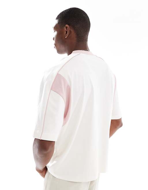 ASOS DESIGN Oversized Boxy V Neck T-shirt With Pink Contrast Panel In Cream