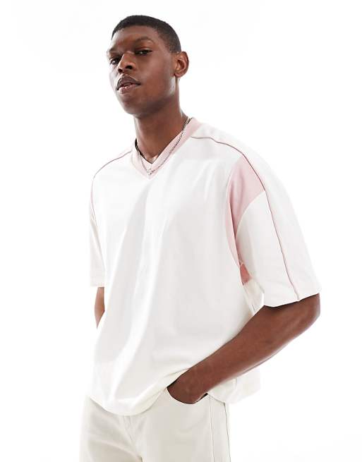 ASOS DESIGN oversized boxy v neck t-shirt with pink contrast panel in cream