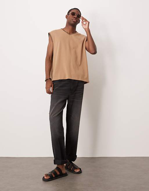 ASOS DESIGN Oversized Boxy V Neck Tank With Stitch Detail In Brown