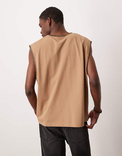 ASOS DESIGN Oversized Boxy V Neck Tank With Stitch Detail In Brown