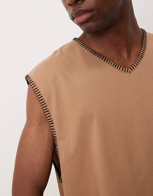 ASOS DESIGN Oversized Boxy V Neck Tank With Stitch Detail In Brown