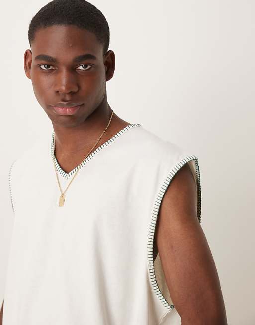 ASOS DESIGN Oversized Boxy V Neck Tank With Stitch Detail In Cream