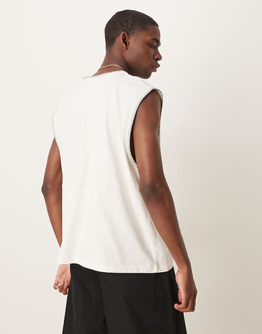 ASOS DESIGN Oversized Boxy V Neck Tank With Stitch Detail In Cream