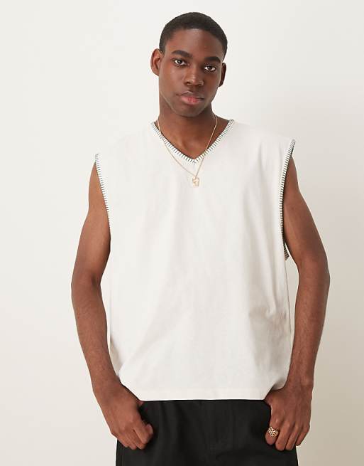 ASOS DESIGN oversized boxy v neck tank with stitch detail in cream