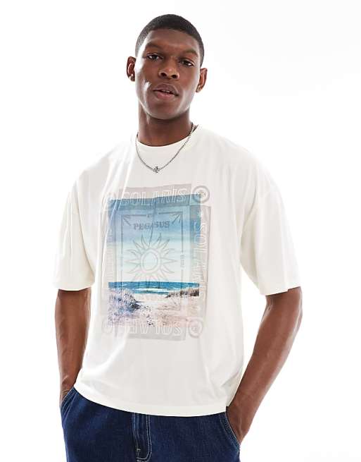 ASOS DESIGN oversized boxy washed t-shirt with summer graphic in off white