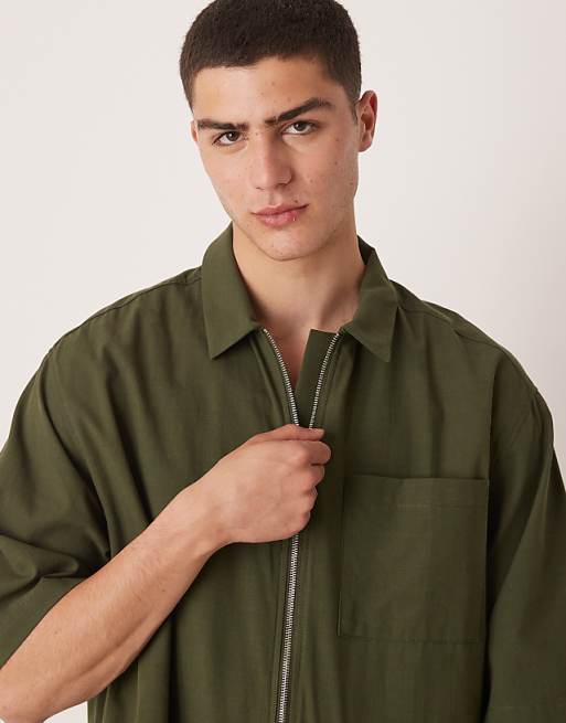 ASOS DESIGN Oversized Boxy Zip Through Shirt In Khaki