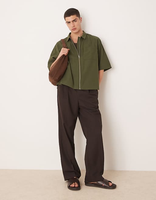 ASOS DESIGN Oversized Boxy Zip Through Shirt In Khaki