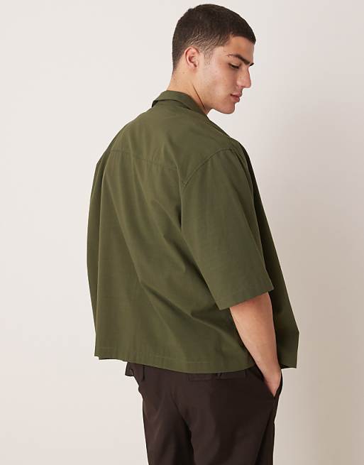 ASOS DESIGN Oversized Boxy Zip Through Shirt In Khaki