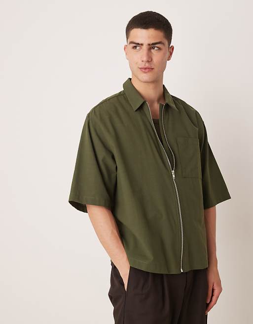 ASOS DESIGN oversized boxy zip through shirt in khaki