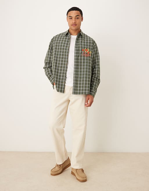 ASOS DESIGN Oversized Check Shirt With Chest Embroidery In Green
