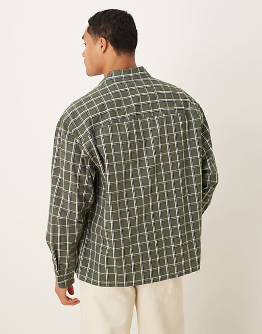 ASOS DESIGN Oversized Check Shirt With Chest Embroidery In Green