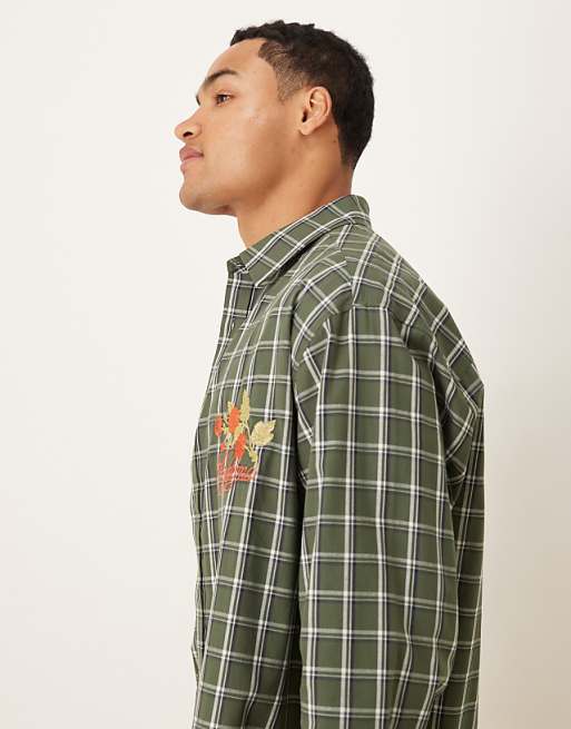 ASOS DESIGN Oversized Check Shirt With Chest Embroidery In Green