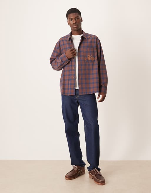 ASOS DESIGN Oversized Check Shirt With Chest Embroidery In Rust