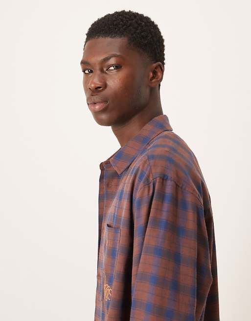 ASOS DESIGN Oversized Check Shirt With Chest Embroidery In Rust