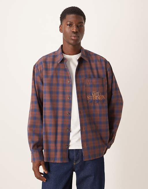 ASOS DESIGN oversized check shirt with chest embroidery in rust