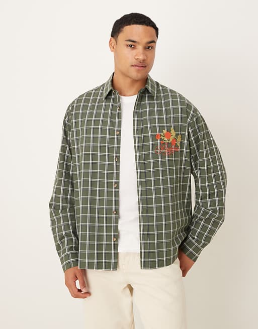 ASOS DESIGN oversized check shirt with chest embroidery in green