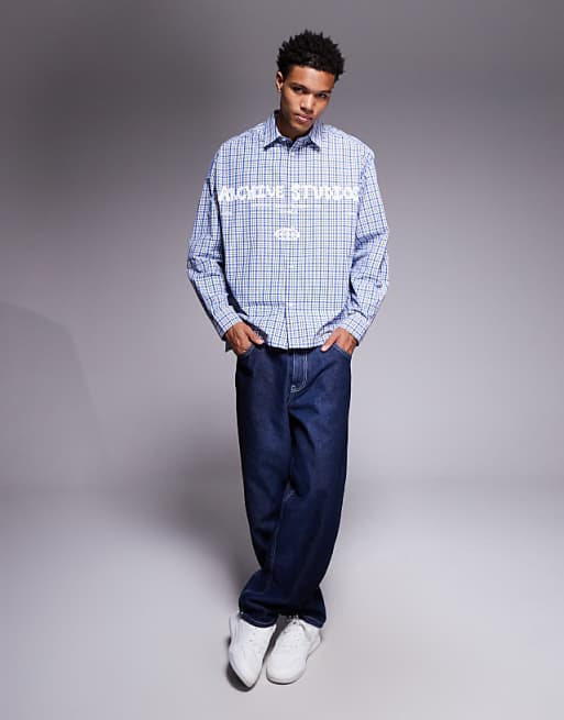 ASOS DESIGN Oversized Check Shirt With Chest Print In Blue