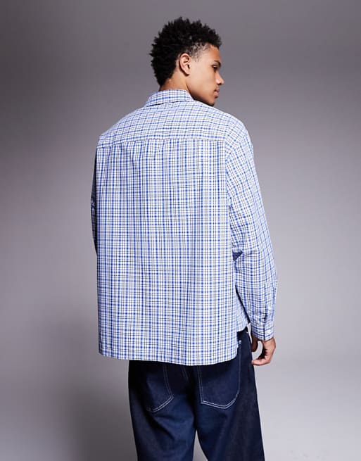 ASOS DESIGN Oversized Check Shirt With Chest Print In Blue