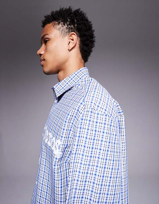 ASOS DESIGN Oversized Check Shirt With Chest Print In Blue