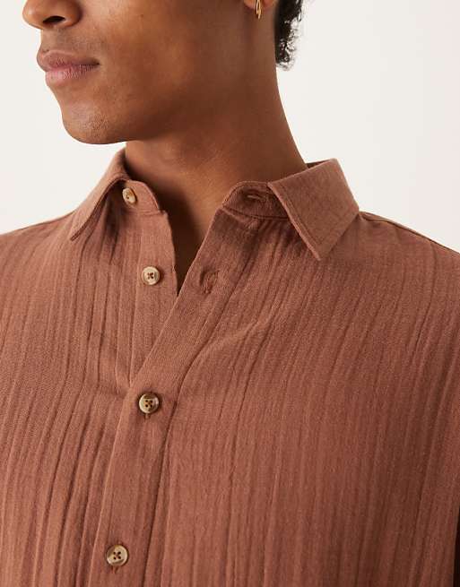 ASOS DESIGN Oversized Cheesecloth Textured Shirt In Brown