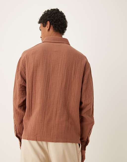 ASOS DESIGN Oversized Cheesecloth Textured Shirt In Brown