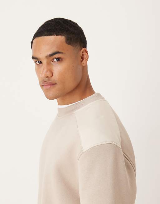ASOS DESIGN Oversized Crew Neck Sweater With Panel Detailing In Beige