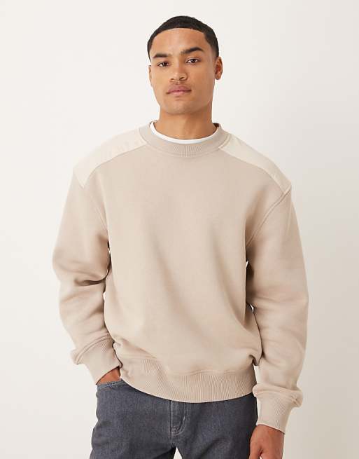ASOS DESIGN oversized crew neck sweater with panel detailing in beige