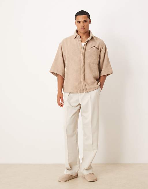 ASOS DESIGN Oversized Crochet Shirt With Half Sleeve And Embroidery In Tan