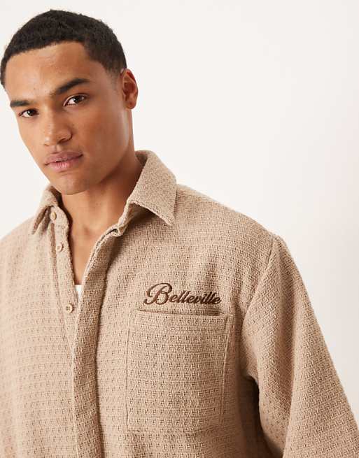 ASOS DESIGN Oversized Crochet Shirt With Half Sleeve And Embroidery In Tan