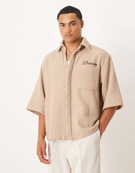 ASOS DESIGN oversized crochet shirt with half sleeve and embroidery in tan