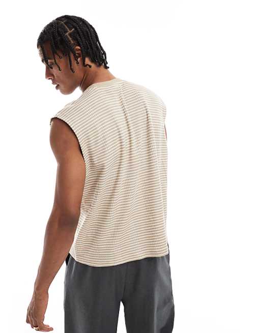 ASOS DESIGN Oversized Crop Striped Tank In Beige And White
