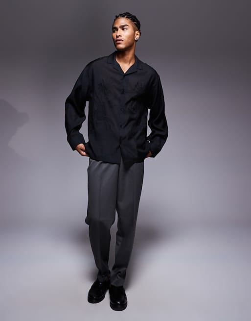 ASOS DESIGN Oversized Deep Revere Shirt With Tonal Placement Embroidery In Black