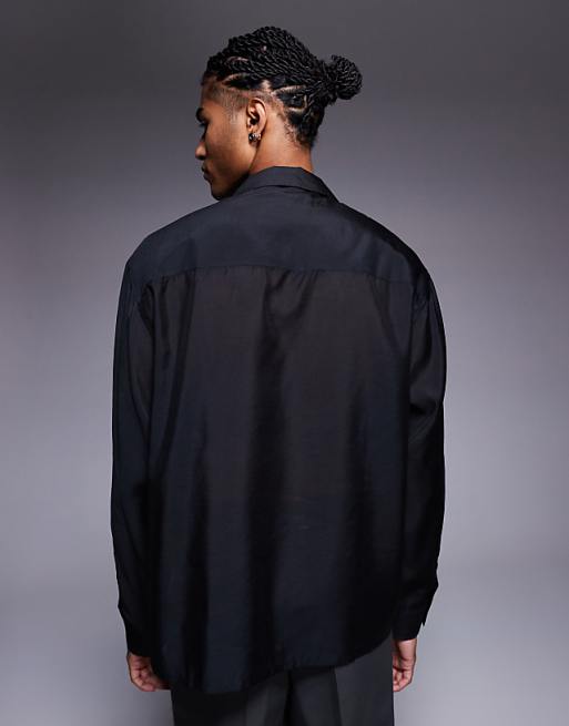 ASOS DESIGN Oversized Deep Revere Shirt With Tonal Placement Embroidery In Black