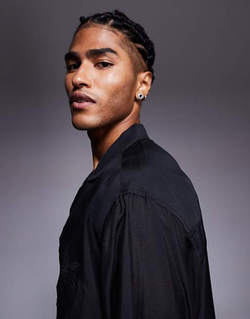 ASOS DESIGN Oversized Deep Revere Shirt With Tonal Placement Embroidery In Black