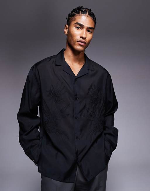 ASOS DESIGN oversized deep revere shirt with tonal placement embroidery in black