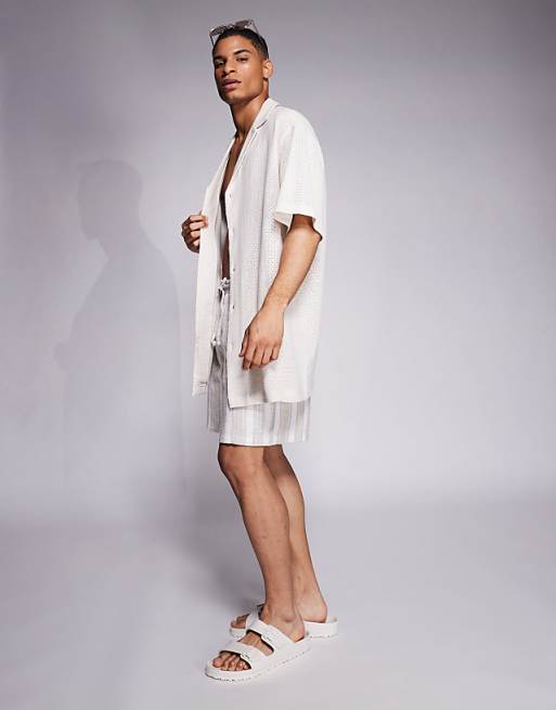 ASOS DESIGN Oversized Deep Revere Textured Long Length Shirt In Off White