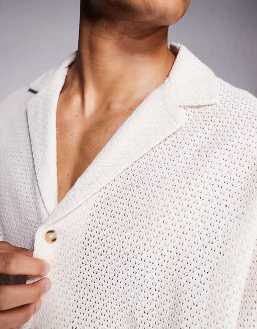 ASOS DESIGN Oversized Deep Revere Textured Long Length Shirt In Off White
